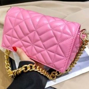 Quilted Flap Chain Square Bag in Pink with Gold Chain